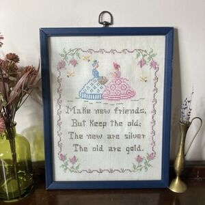 Vintage Framed Cross Stitch Sampler Make New Friends Poem Victorian Women